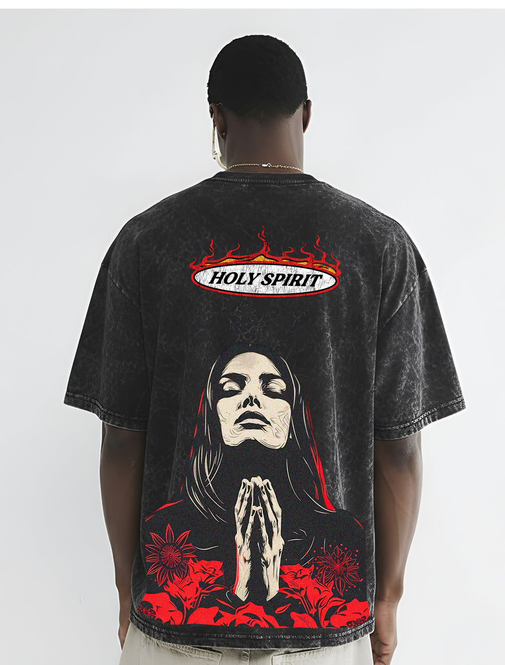 Praying Girl in Red Flowers Acid-Washed Oversized Tee