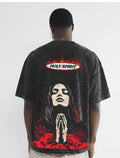 Praying Girl in Red Flowers Acid-Washed Oversized Tee