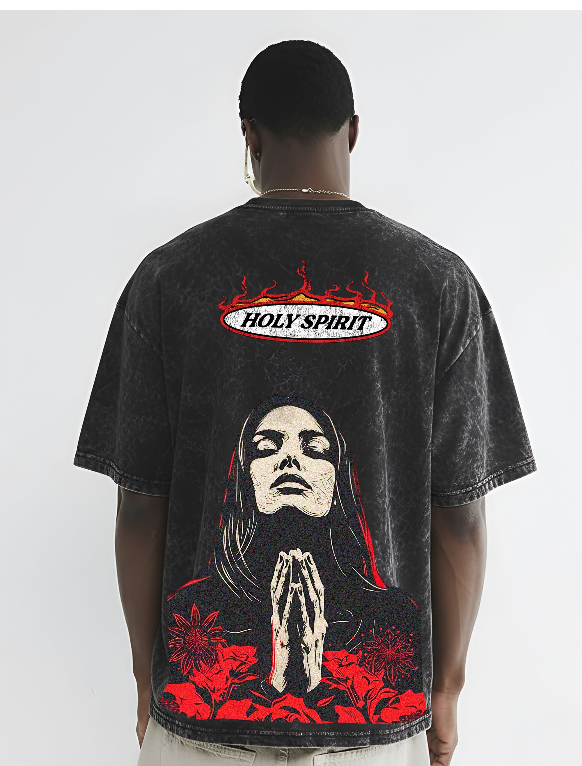 Praying Girl in Red Flowers Acid-Washed Oversized Tee