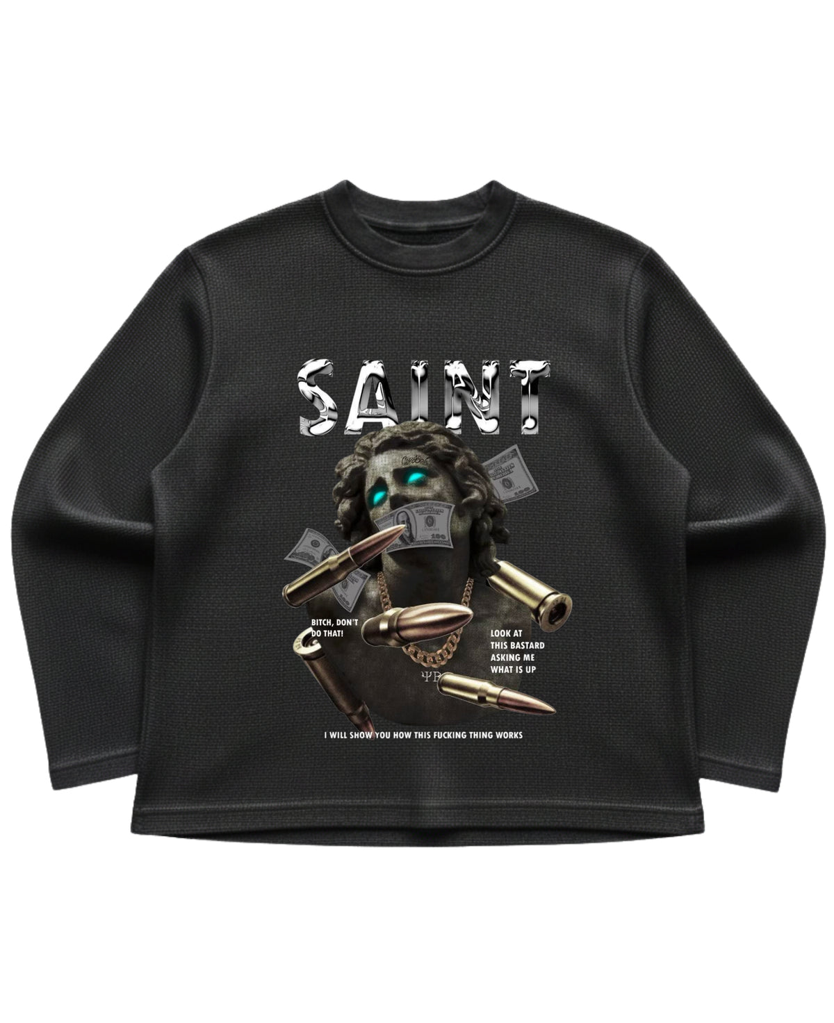 Black waffle knit oversized full-sleeve Front Design